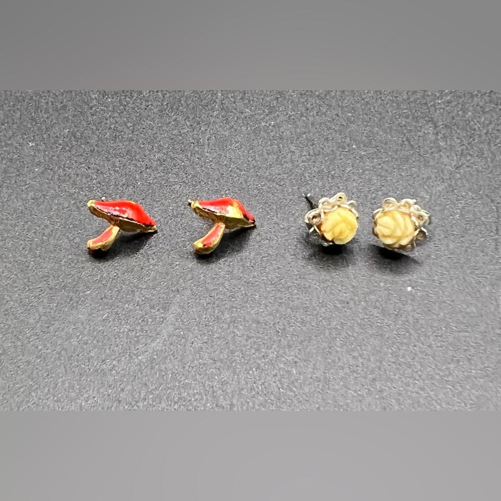 Elegant Enamel Red and Gold Mushroom and Ivory Earrings Set